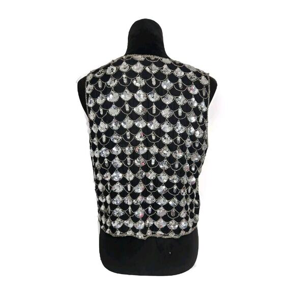 Vtg 80s COTTON ZONE India SILK Black Silver SEQUIN Fish Scale Pattern VEST M EUC - Picture 4 of 8